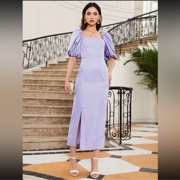 Elegant Lavender Puff Lantern Sleeve Dress - Picture 3 of 4